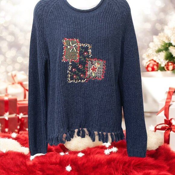 Koret City Blues Womens Embroidered  Patches Floral Sweater Size M Blue Knit - Picture 2 of 13